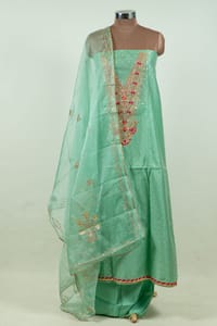 Sea Green Color Chanderi Embroidered Shirt with Bottom and Organza Embroidered Dupatta