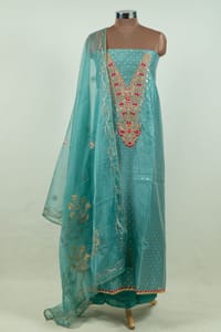 Firozi Color Chanderi Embroidered Shirt with Bottom and Organza Embroidered Dupatta