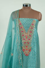 Firozi Color Chanderi Embroidered Shirt with Bottom and Organza Embroidered Dupatta