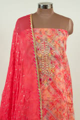 Majenta Color Organza print Embroidered Shirt with Bottom and Chiffon Embroidered Dupatta