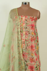 Green Color Organza Embroidered Shirt with Bottom and Organza Embroidered Dupatta