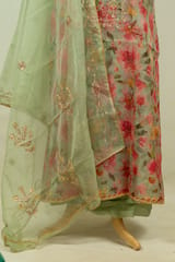 Green Color Organza Embroidered Shirt with Bottom and Organza Embroidered Dupatta