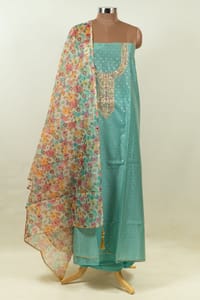 Firozi Color Chanderi Embroidered Shirt with Bottom and Organza Printed Dupatta