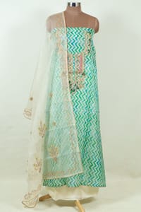 Green Color Organza Embroidered Shirt with Bottom and Organza Embroidered Dupatta