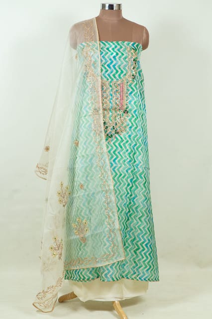 Green Color Organza Embroidered Shirt with Bottom and Organza Embroidered Dupatta