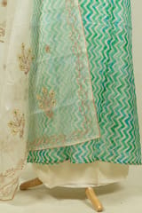 Green Color Organza Embroidered Shirt with Bottom and Organza Embroidered Dupatta