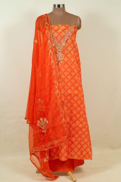 Orange Color Organza Embroidered Shirt with Bottom and Organza Embroidered Dupatta