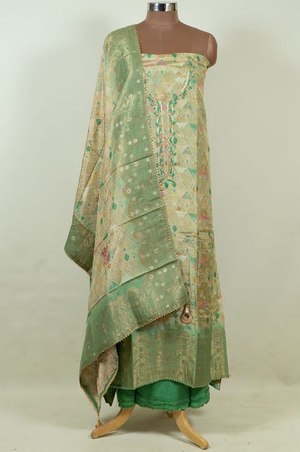 Green Color Banarasi Silk Print with Embroidered Shirt with Bottom and Printed Banarsi Silk Dupatta