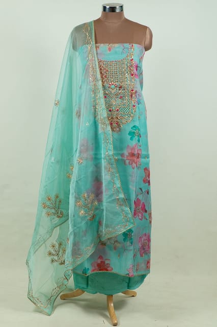 Firozi Color Organza Print with Embroidered Shirt with Bottom and Organza Embroidered Dupatta