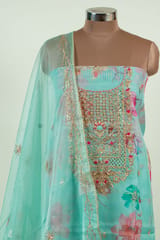 Firozi Color Organza Print with Embroidered Shirt with Bottom and Organza Embroidered Dupatta