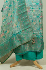 Firozi Color Banarasi Silk Print with Embroidered Shirt with Bottom and Printed Banarsi Silk Dupatta