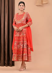 Red Color Printed Cotton Shirt with Chiffon Dupatta