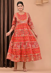 Red Color Printed Cotton Shirt with Chiffon Dupatta