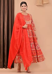 Red Color Printed Cotton Shirt with Chiffon Dupatta