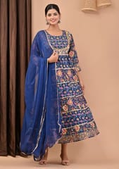 Blue Color Printed Cotton Shirt with Chiffon Dupatta