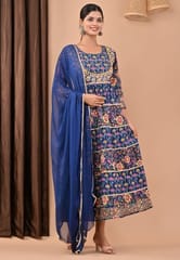 Blue Color Printed Cotton Shirt with Chiffon Dupatta