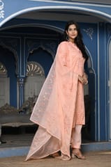 Peach Color Printed Jam Cotton Shirt with Cotton Bottom and Printed Chinon Chiffon Dupatta