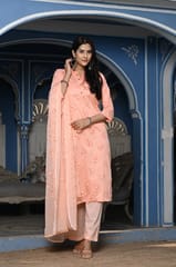 Peach Color Printed Jam Cotton Shirt with Cotton Bottom and Printed Chinon Chiffon Dupatta