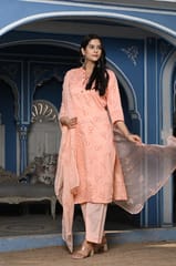 Peach Color Printed Jam Cotton Shirt with Cotton Bottom and Printed Chinon Chiffon Dupatta