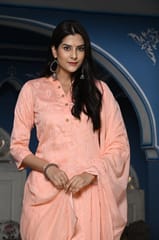 Peach Color Printed Jam Cotton Shirt with Cotton Bottom and Printed Chinon Chiffon Dupatta