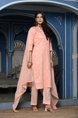 Peach Color Printed Jam Cotton Shirt with Cotton Bottom and Printed Chinon Chiffon Dupatta