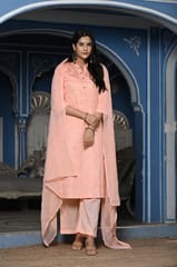 Peach Color Printed Jam Cotton Shirt with Cotton Bottom and Printed Chinon Chiffon Dupatta