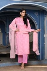 Pink Color Printed Jam Cotton Shirt with Cotton Bottom and Printed Chinon Chiffon Dupatta