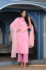 Pink Color Printed Jam Cotton Shirt with Cotton Bottom and Printed Chinon Chiffon Dupatta