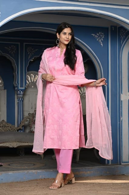 Pink Color Printed Jam Cotton Shirt with Cotton Bottom and Printed Chinon Chiffon Dupatta