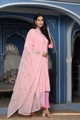 Pink Color Printed Jam Cotton Shirt with Cotton Bottom and Printed Chinon Chiffon Dupatta