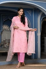 Pink Color Printed Jam Cotton Shirt with Cotton Bottom and Printed Chinon Chiffon Dupatta