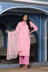 Pink Color Printed Jam Cotton Shirt with Cotton Bottom and Printed Chinon Chiffon Dupatta