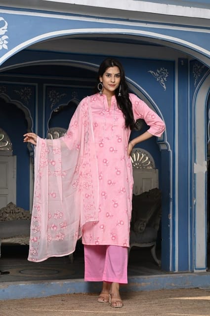 Pink Color Printed Jam Cotton Shirt with Cotton Bottom and Printed Chinon Chiffon Dupatta