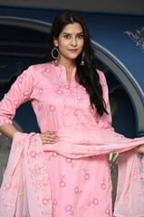 Pink Color Printed Jam Cotton Shirt with Cotton Bottom and Printed Chinon Chiffon Dupatta