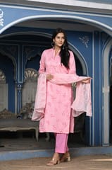 Pink Color Printed Jam Cotton Shirt with Cotton Bottom and Printed Chinon Chiffon Dupatta