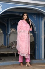 Pink Color Printed Jam Cotton Shirt with Cotton Bottom and Printed Chinon Chiffon Dupatta