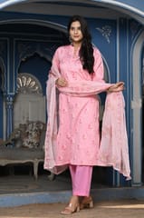 Pink Color Printed Jam Cotton Shirt with Cotton Bottom and Printed Chinon Chiffon Dupatta