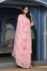 Pink Color Printed Jam Cotton Shirt with Cotton Bottom and Printed Chinon Chiffon Dupatta