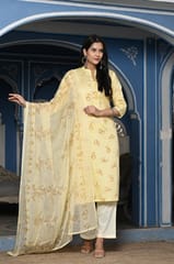 Lemon Color Printed Jam Cotton Shirt with Cotton Bottom and Printed Chinon Chiffon Dupatta