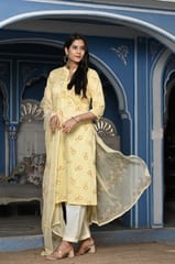 Lemon Color Printed Jam Cotton Shirt with Cotton Bottom and Printed Chinon Chiffon Dupatta