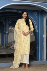 Lemon Color Printed Jam Cotton Shirt with Cotton Bottom and Printed Chinon Chiffon Dupatta