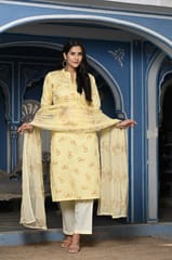 Lemon Color Printed Jam Cotton Shirt with Cotton Bottom and Printed Chinon Chiffon Dupatta