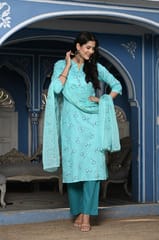 Firozi Color Printed Jam Cotton Shirt with Cotton Bottom and Printed Chinon Chiffon Dupatta