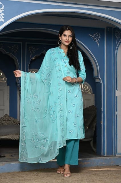 Firozi Color Printed Jam Cotton Shirt with Cotton Bottom and Printed Chinon Chiffon Dupatta