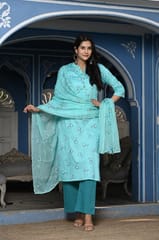 Firozi Color Printed Jam Cotton Shirt with Cotton Bottom and Printed Chinon Chiffon Dupatta