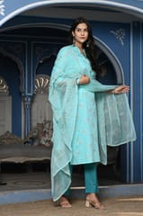 Firozi Color Printed Jam Cotton Shirt with Cotton Bottom and Printed Chinon Chiffon Dupatta