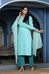 Firozi Color Printed Jam Cotton Shirt with Cotton Bottom and Printed Chinon Chiffon Dupatta