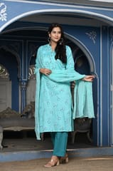 Firozi Color Printed Jam Cotton Shirt with Cotton Bottom and Printed Chinon Chiffon Dupatta