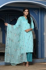 Firozi Color Printed Jam Cotton Shirt with Cotton Bottom and Printed Chinon Chiffon Dupatta