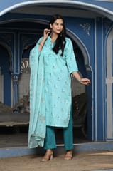 Firozi Color Printed Jam Cotton Shirt with Cotton Bottom and Printed Chinon Chiffon Dupatta